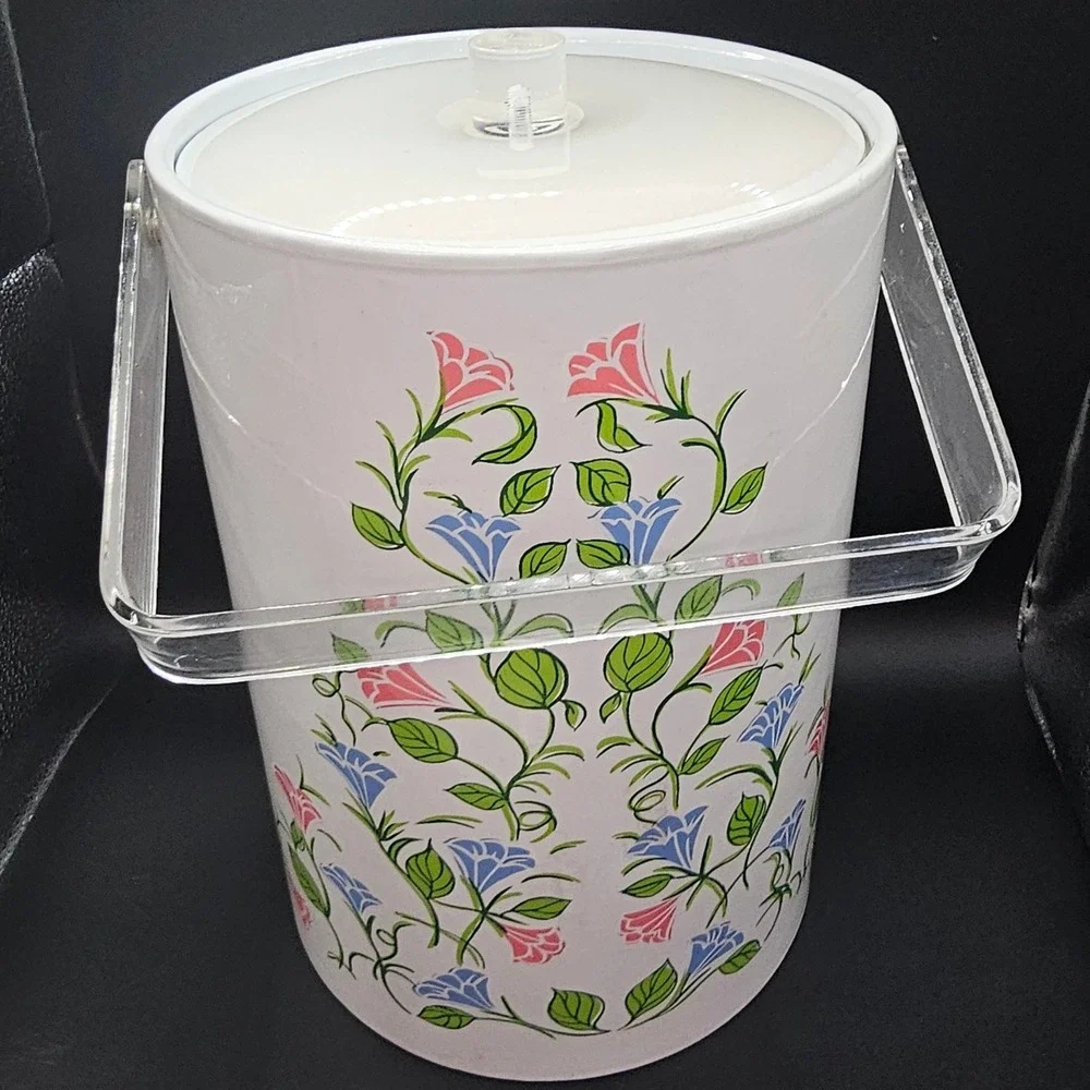 Vintage 1960s Ice Bucket White‎ Enamel Floral Lucite Handle MCM Barware